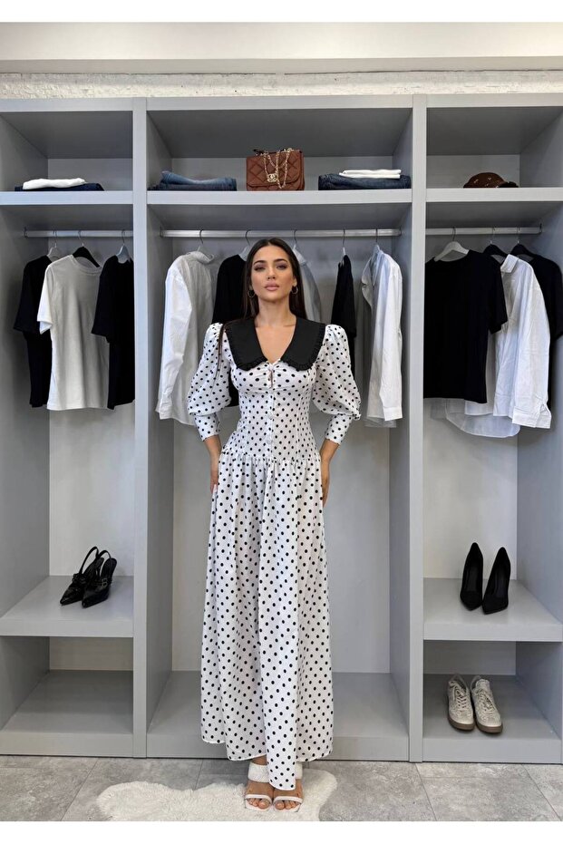 Women's White Polka Dot Maxi Dress with Decorative Buttons and Baby Collar