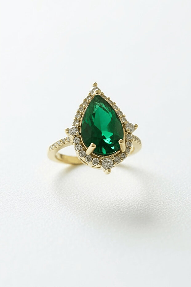 Gold Color Green Stone Detailed Adjustable Ring