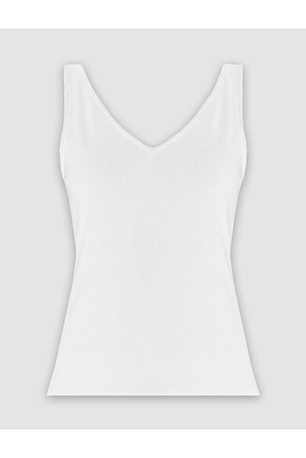 Beyaz Dar Kesim V Yaka Basic Örme Atlet - 6