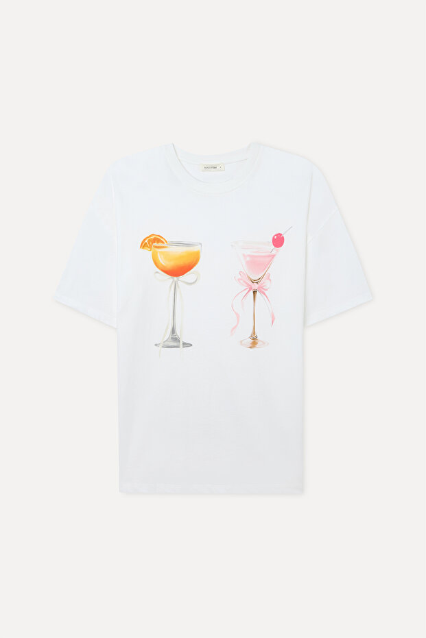Women's Off-White Printed Loose Fit Crew Neck T-Shirt