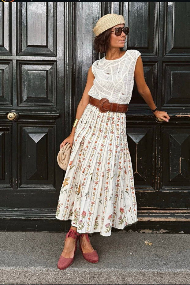 Floral Pleated Midi Laced Skirt