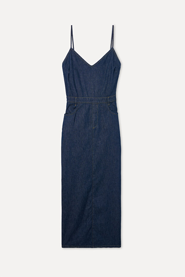 Women's Indigo Strap Midi Dress with Pocket Detail