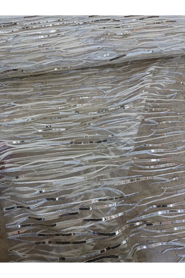 Silver Sequined Cream Hayal Tulle Fabric - Evening Dresses and Engagement Wear