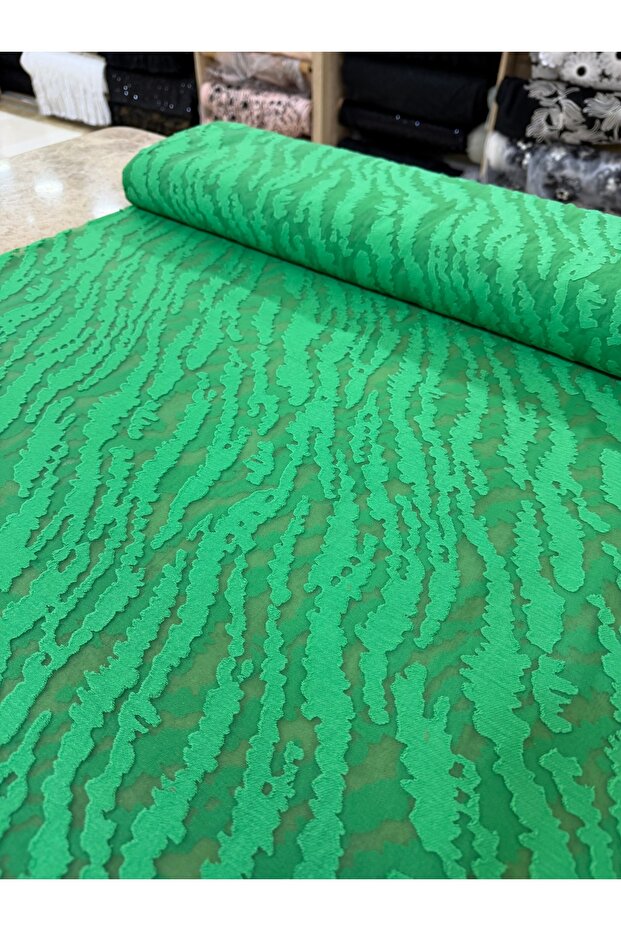 Zebra Patterned Green Burnout Velvet Tulle - Modern Dressmaking Fabric
