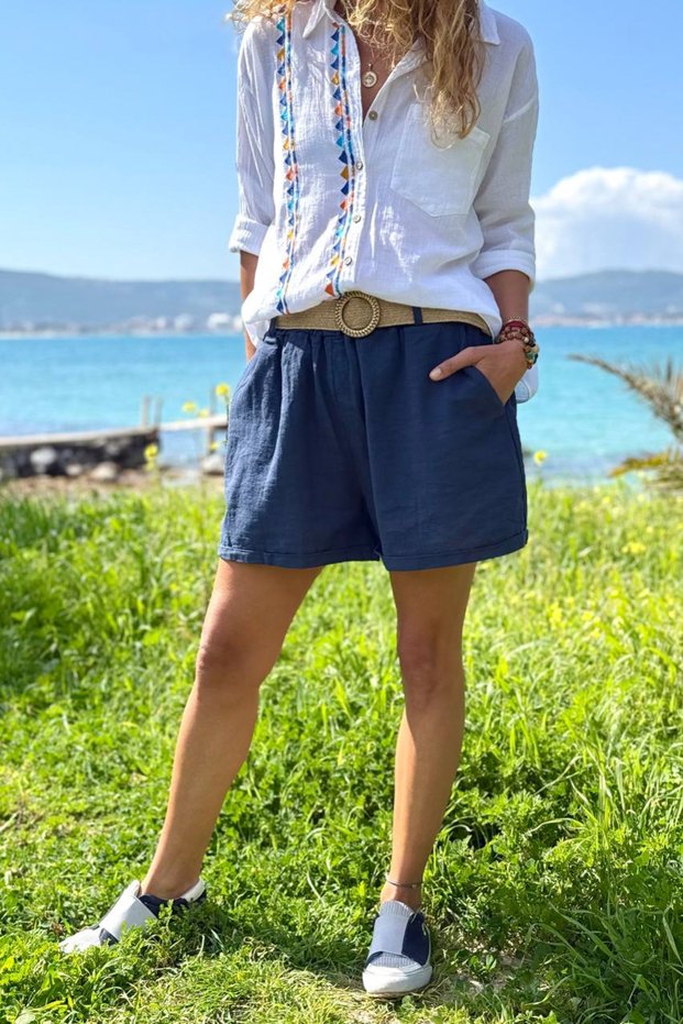 Italian Navy Blue Pocketed Belted Linen Double-Leg Woven Shorts 38 58