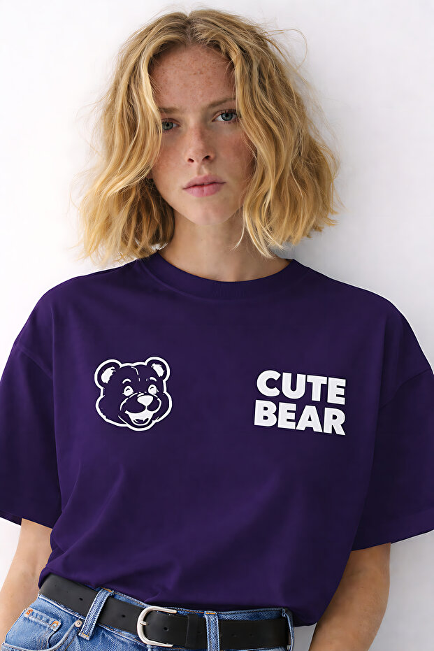 Cute Bear Printed Crew Neck Unisex Oversize T-Shirt – Cotton Casual T-Shirt