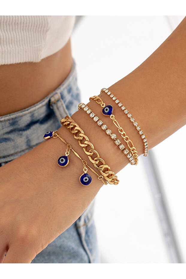 5Pcs Gold Tone Evil Eye Bracelet Set with Crystal Chain Stackable Chain for Women
