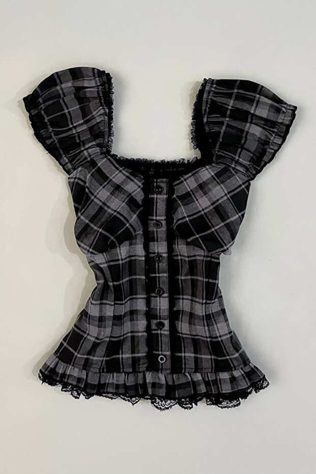 Women's Plaid Patterned Lace Ruffle Buttoned Crop Blouse