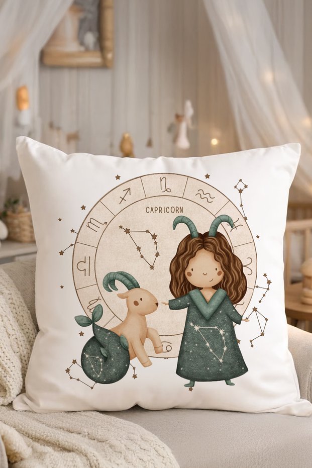 Baby Room Decorative Pillow with 100% Cotton Inner Filling | Newborn Baby Gift | Capricorn Sign