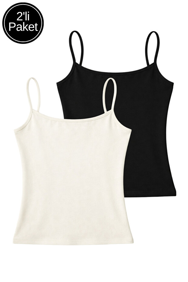 Women's 2-Pack Black-White Cotton Strappy Crop Tank Top