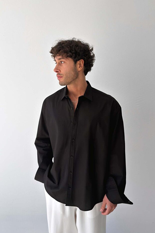 Basic Black Poplin Oversize Shirt