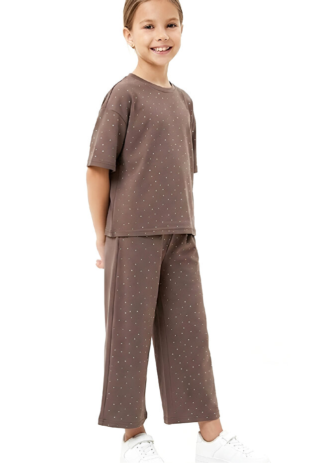 Girl's Stone Decorated Long Capri Pants Top and Bottom Set 4-12 Years 12566