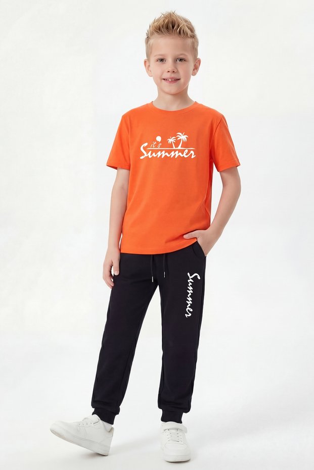 Short Sleeve T-Shirt and Long Sweatpants with Print Detail for Boys - Top and Bottom Set