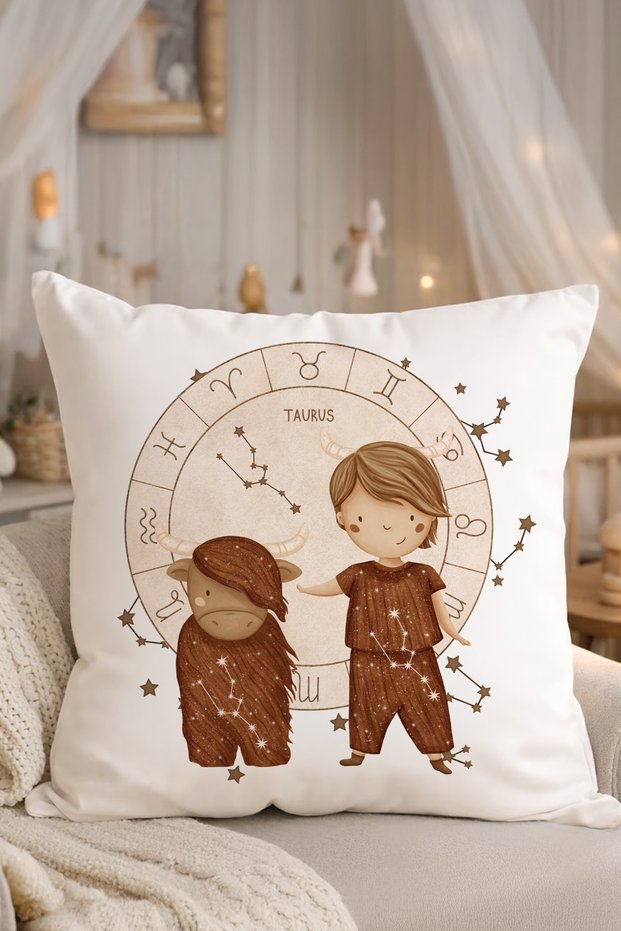 Baby Room Decorative Pillow with 100% Cotton Inner Filling | Newborn Baby Gift | Taurus Zodiac Sign