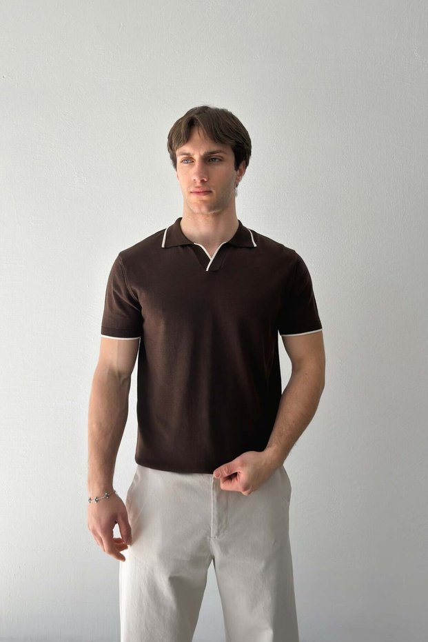 Brown Piped Polo Collar Knit T-Shirt