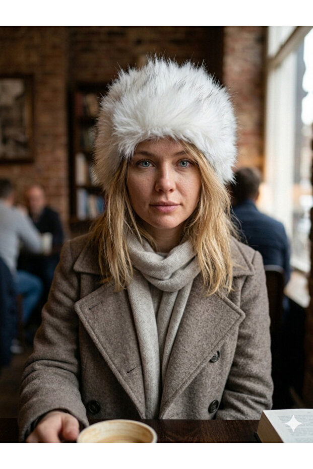 Faux Fur Women's Hat Furry Plush Snow Hat Beanie White and Black Fuzzy