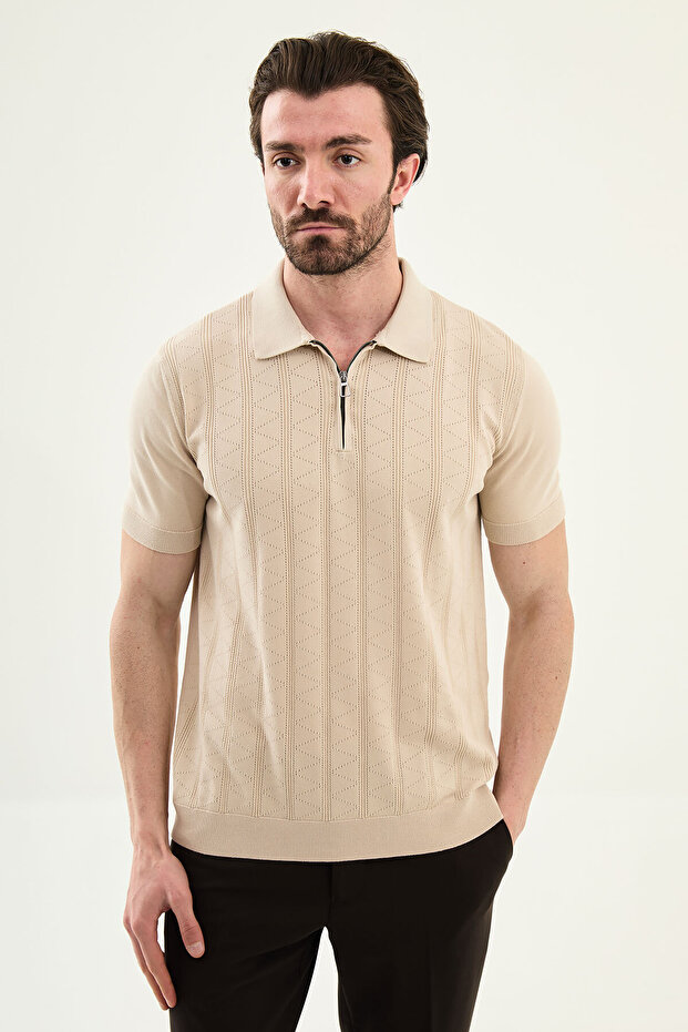 Patterned Slim Fit Polo Collar Zippered Men's Knitwear T-Shirt Beige - 11585.26Y