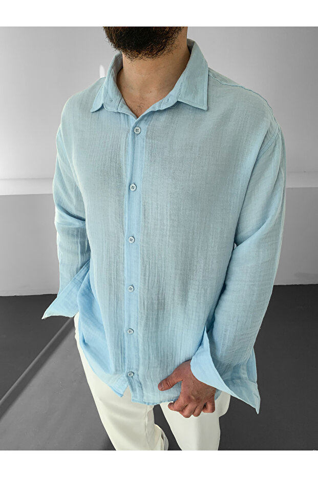 Baby Blue Muslin Linen Long Sleeve Oversize Shirt