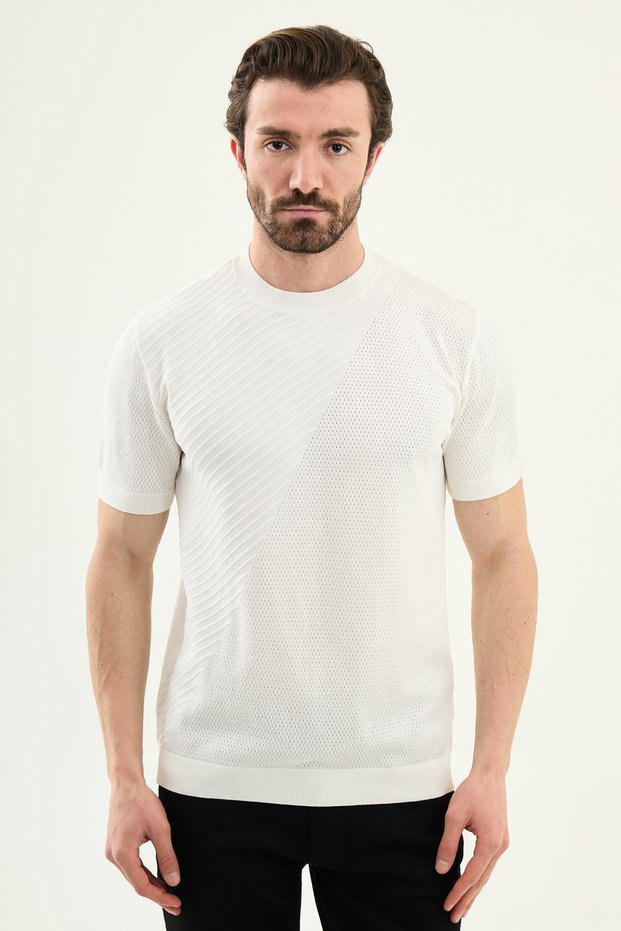 Pieced Slim Fit Crew Neck Men's Knitwear T-Shirt Ecru - 11588.26Y