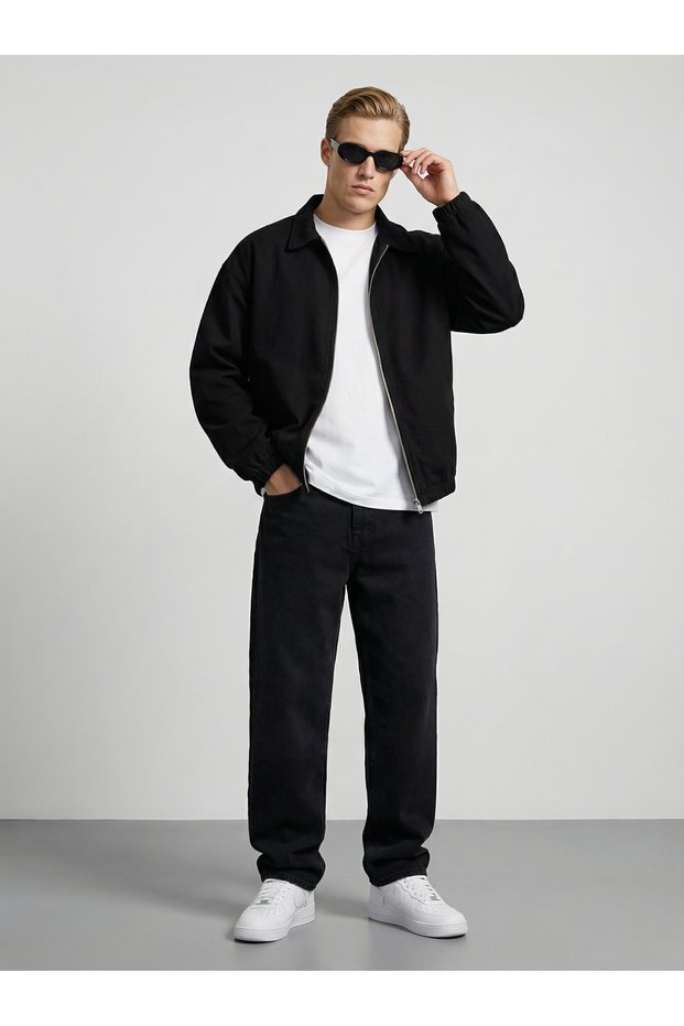 Men's Black Cotton Gabardine Fabric Classic Collar Jacket with Elastic Waist and Sleeves and Zipper Closure