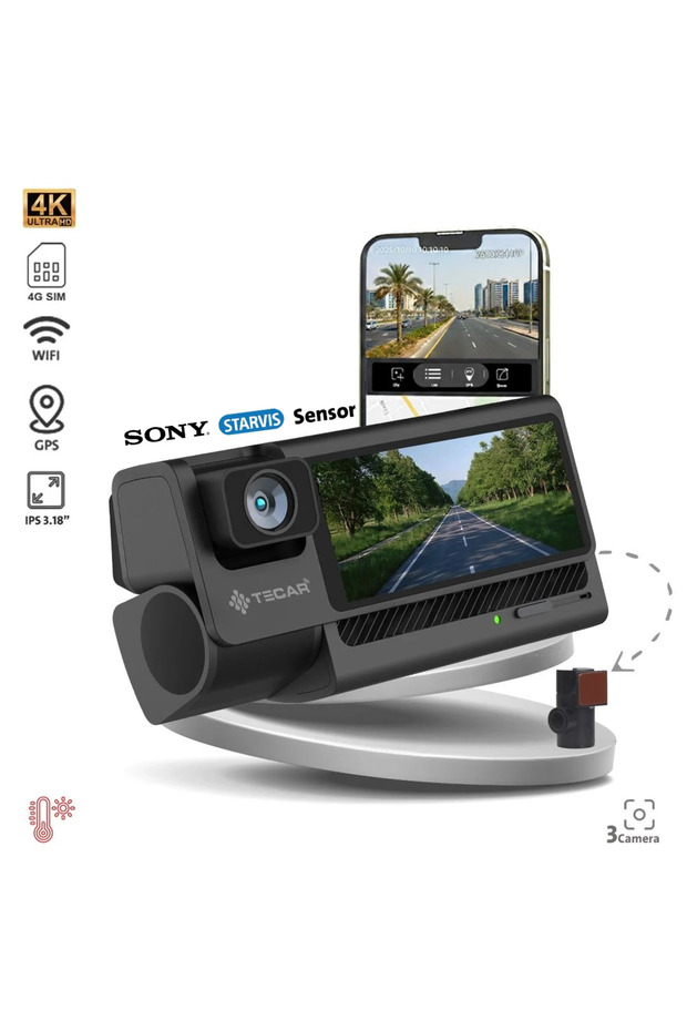 داش كام Te-D334G بثلاث عدسات، كاميرا سوني أمامية بدقة 4K، كاميرا خلفية بدقة FHD، تسجيل تتبع بشريحة 4G