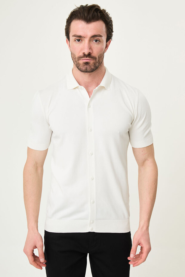 Straight Slim Fit Short Sleeve Men's Knitwear Shirt Ecru - 11246.26Y