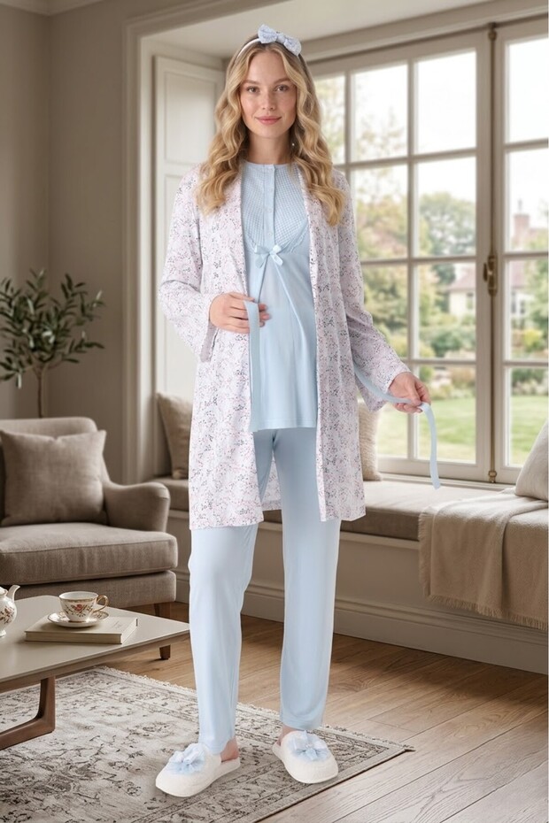 New Season Blue Summer Shawl Collar Patterned Breastfeeding Short Sleeve Maternity Dressing Gown Pajama Set