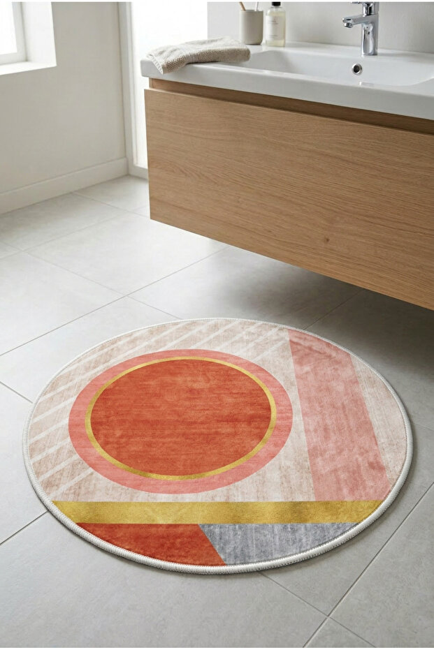 Round Multi-Purpose Bathroom Mat Non-Slip Base Foot Mat 50X50 Modern Patterned Soft Base