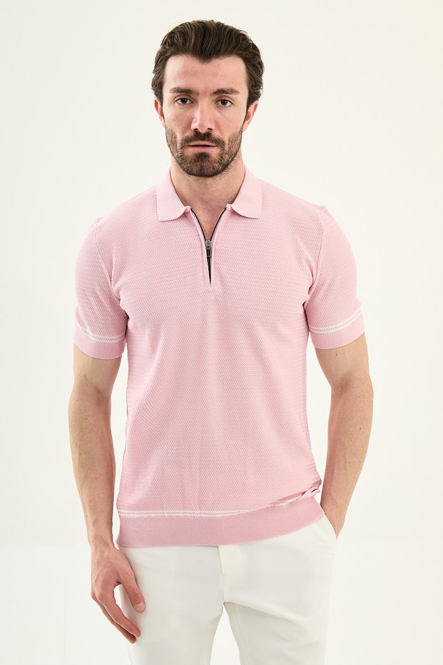 Stripe Detailed Slim Fit Polo Collar Zippered Men's Knitwear T-Shirt Pink - 11592.26Y