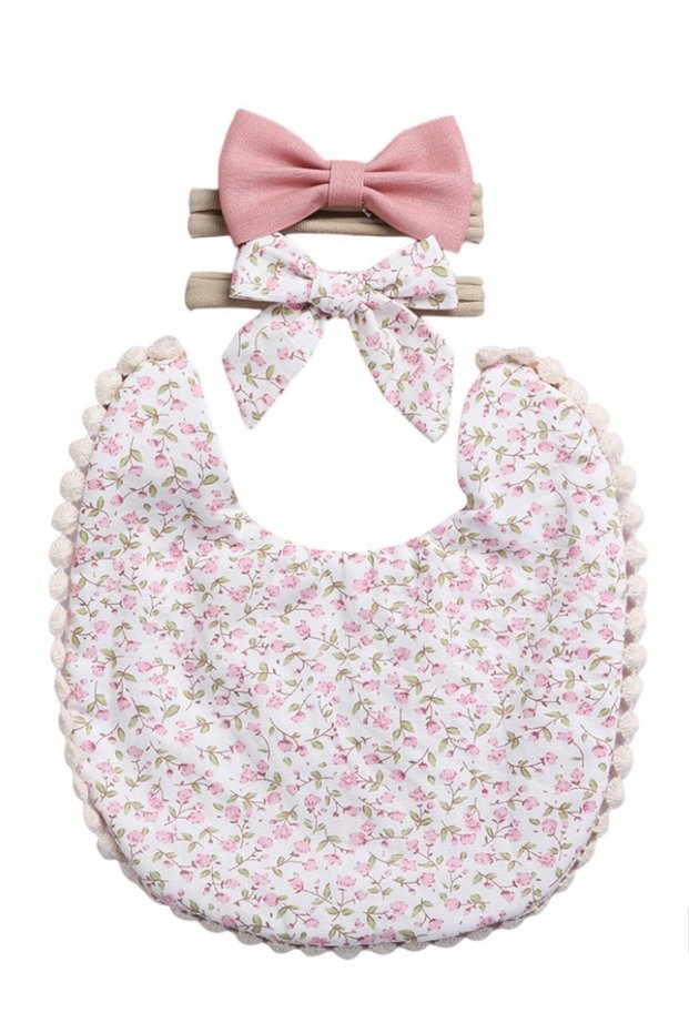 -Angelica Baby Bib and Headband - Floral Maroon- 0Y to 4Y