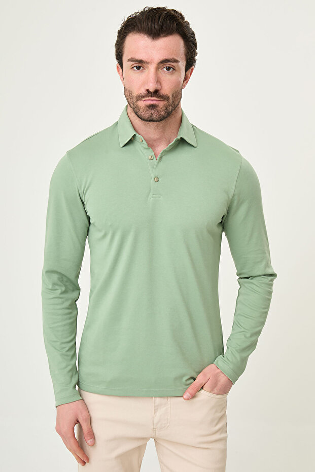 Plain Slim Fit Long Sleeve Polo Collar Men's T-Shirt Çağla - 36672.21K
