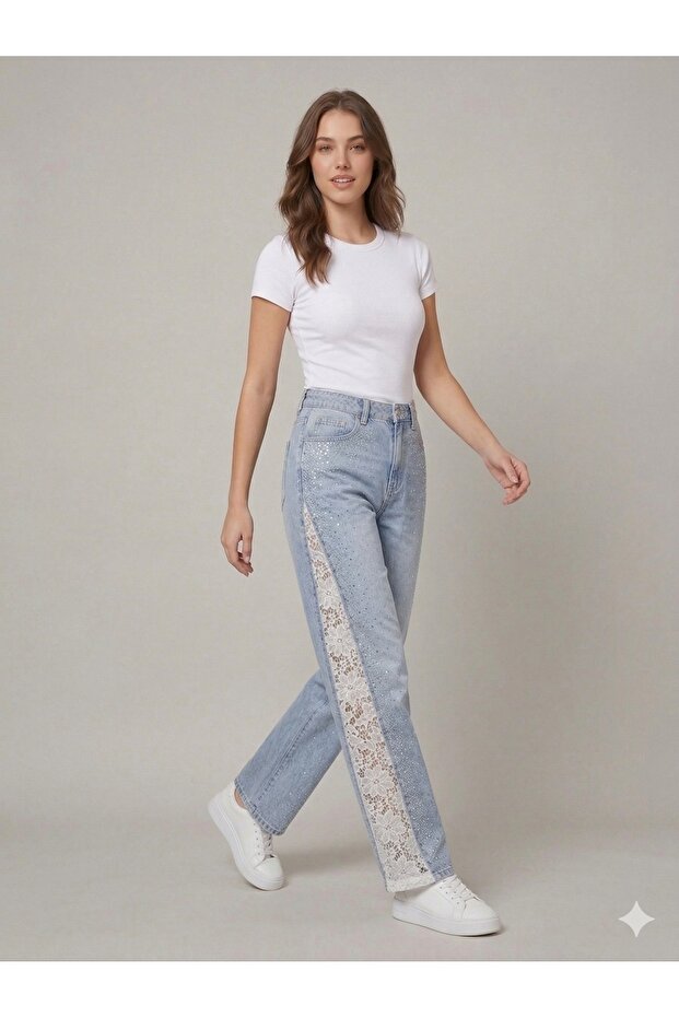 Onix Stone Detailed & Lace Embroidered Trousers 1056