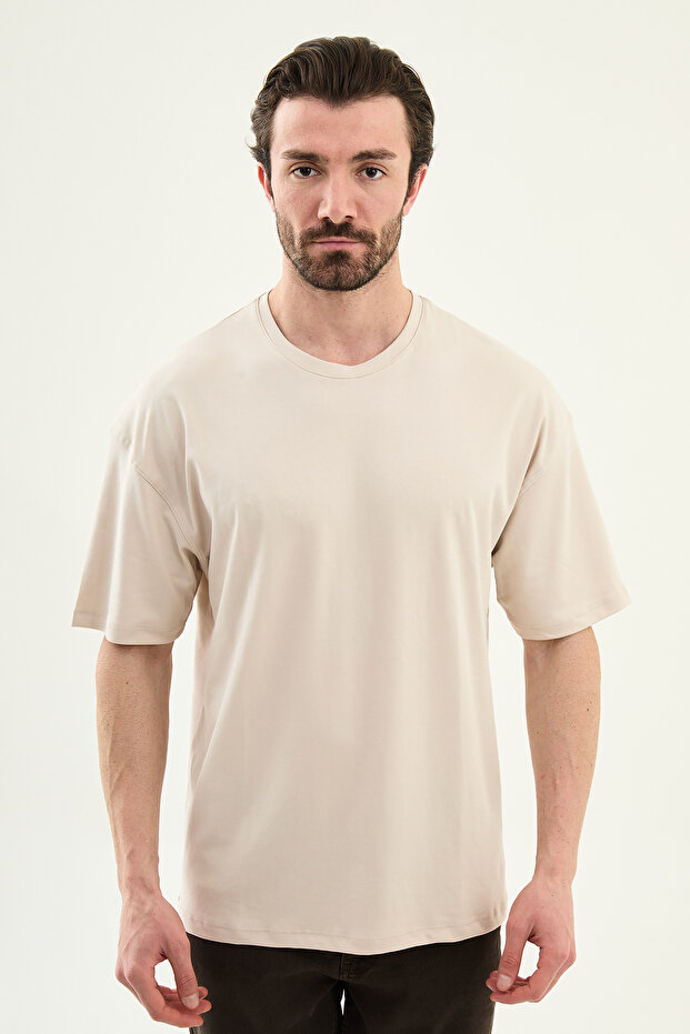 Plain Slim Fit Oversize Crew Neck Men's T-Shirt Beige - 36871.26Y