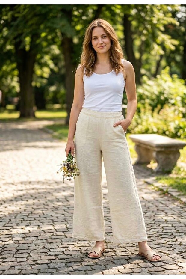 Women's Belted Cream Linen Palazzo Trousers