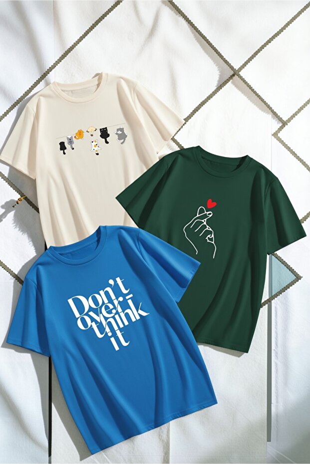 Unisex Beige Blue Green 3-Piece Design T-Shirt Set