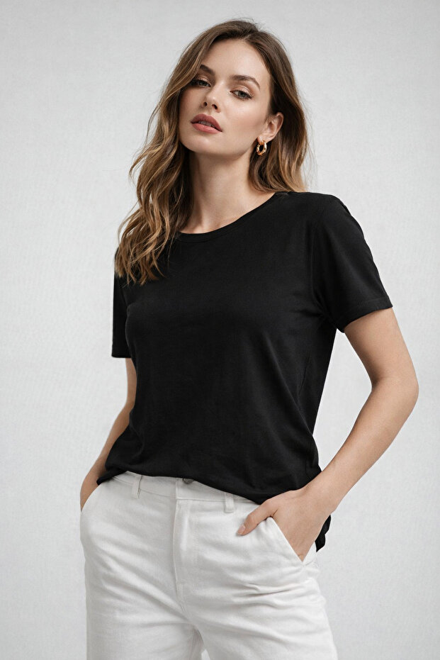 Women's Black Viscose Short Sleeve Crew Neck T-Shirt