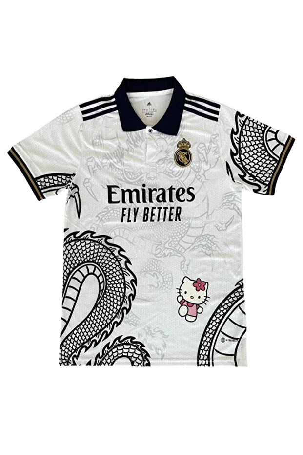 DEEFWEAR Beyaz Kitty FORMA Madrid Dragon Jersey Beyaz Düğmeli Yaka T-shirt
