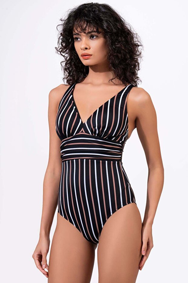 Women's Striped Patterned Gathering Swimsuit