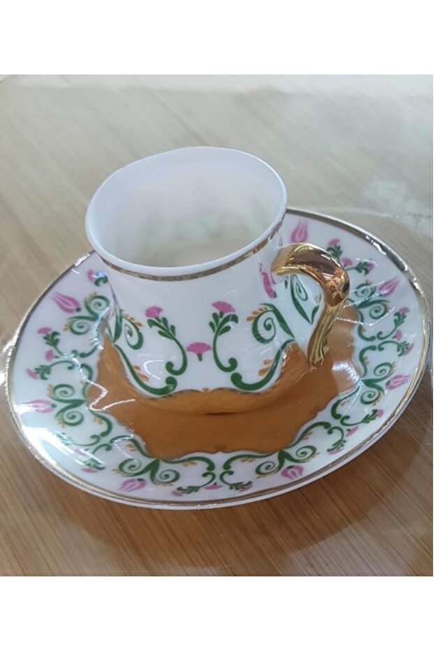 Thin Ottoman Floral Coffee Cup (90 Cc) Oxide Yellow 1 Piece White Gold Wash by Hand.