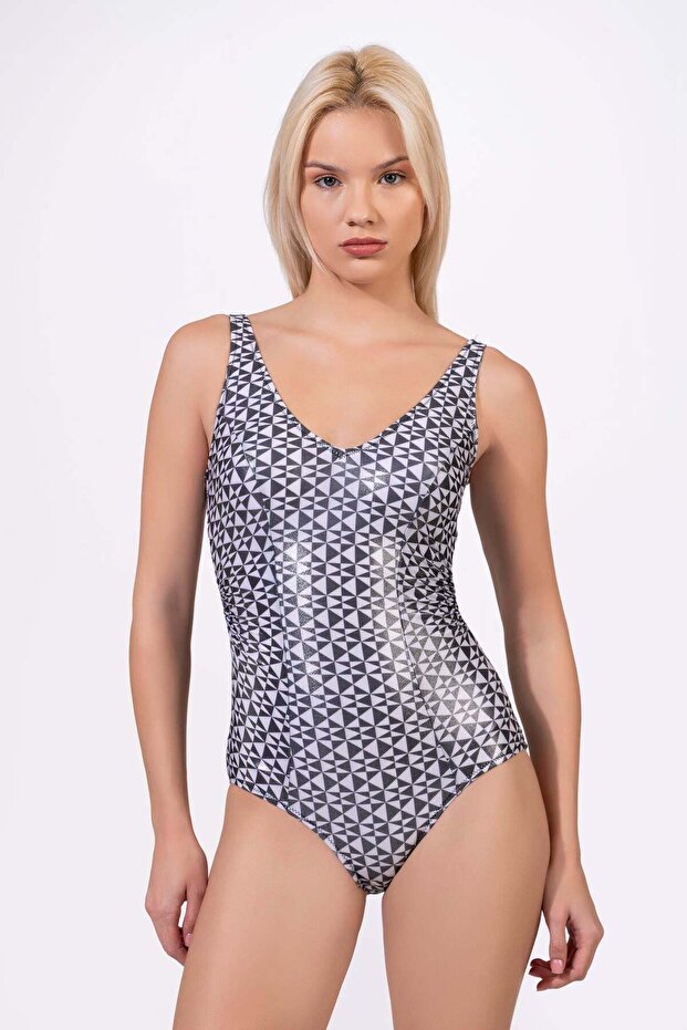 Beria Women's Plus Size Cupped Draped Shiny Geometric Patterned Gathering Swimsuit