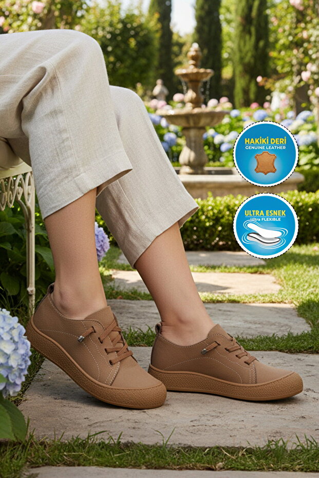 Beige Genuine Leather Women's Casual Shoes 232 Z