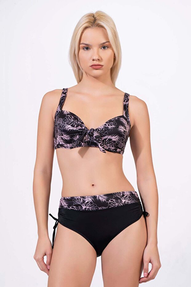 Women's Plus Size Underwire Supported Black Patterned Bikini Set