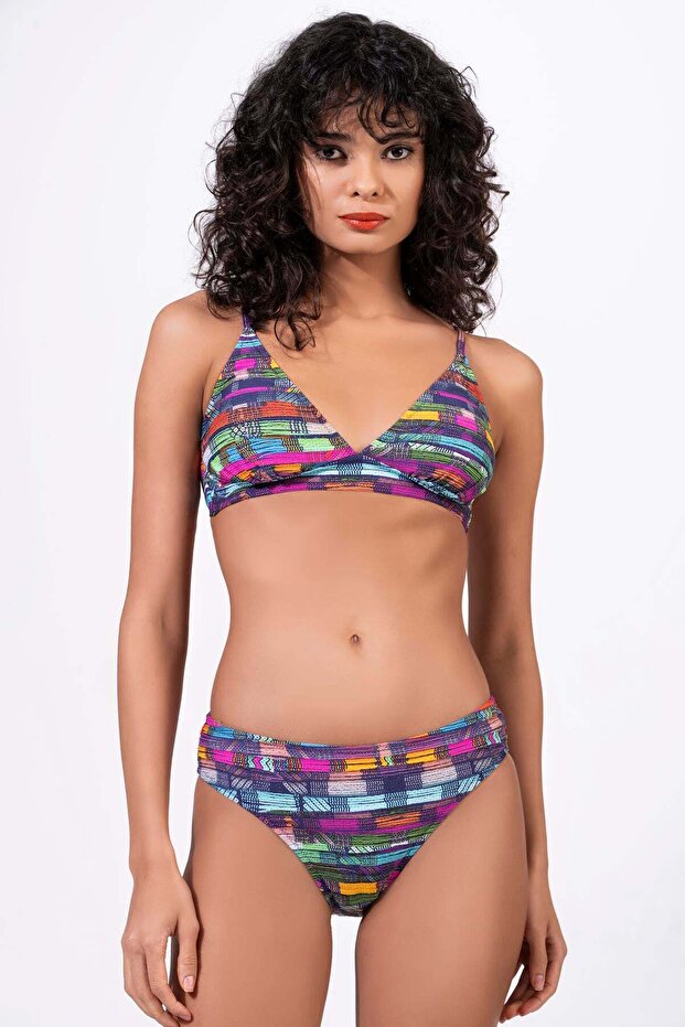 Women's Stripe Patterned Special Lurex Fabric Gathering Bikini Set