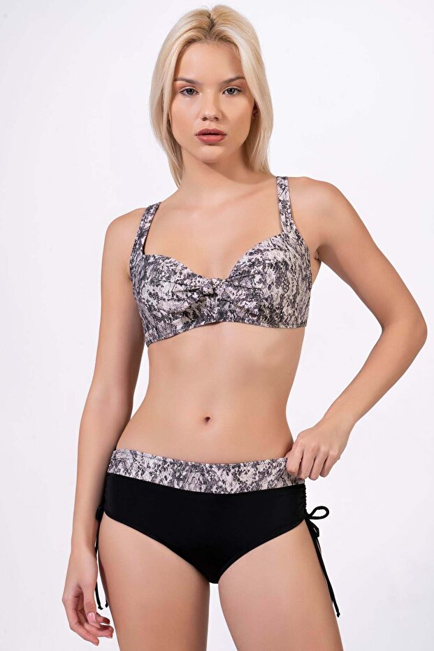 Women's Plus Size Underwire Supported Gray Black Patterned Bikini Set