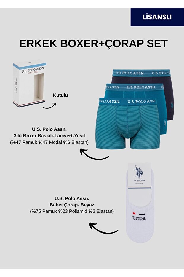 Men'S, Licensed, Uspa, Modal-Cotton Colorful Printed 3-Piece Boxer + Socks Set (Boxed)