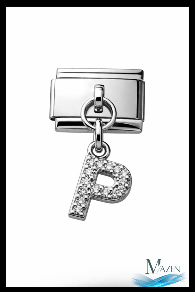 Italian Charm Bracelet with Letter P and Zircon Stone | Steel | Shiny Hanging Stone Model