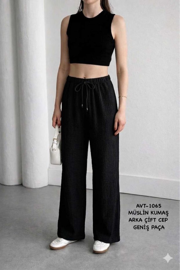 Cotton Muslin Fabric High Waist Elastic Waist Tie Wide Leg Women's Trousers