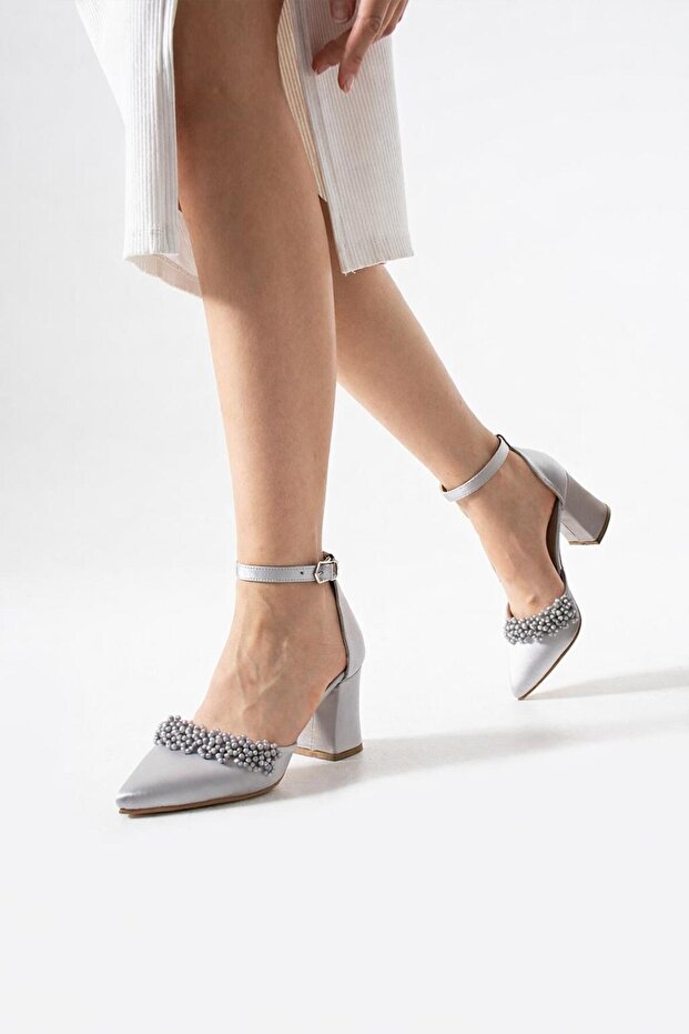 Silver Satin Pearl Thick Low Heel Women's Shoes