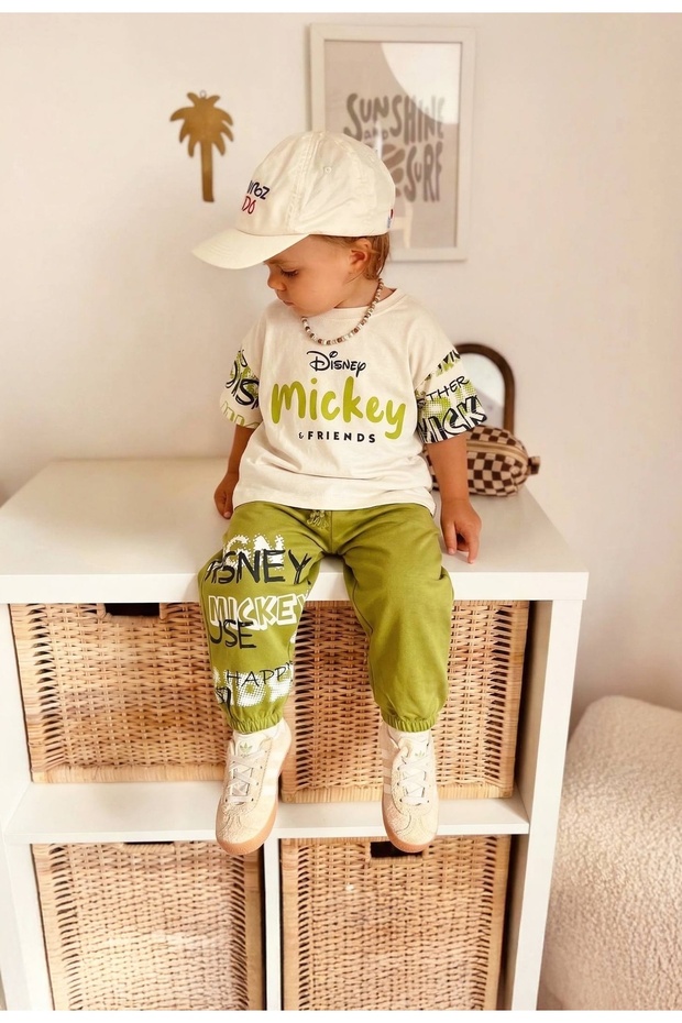 Boy's Mickey Printed Cotton T-Shirt and Elastic Leggings Top and Bottom Set