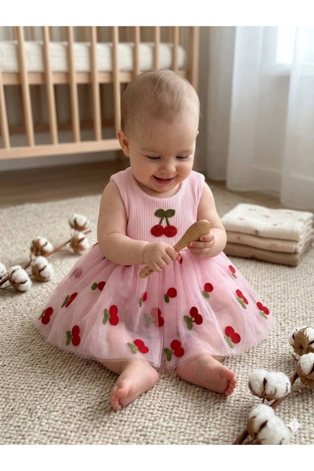 Cherry Embroidered Tulle Baby Girl Body Dress-Puffy Tutu